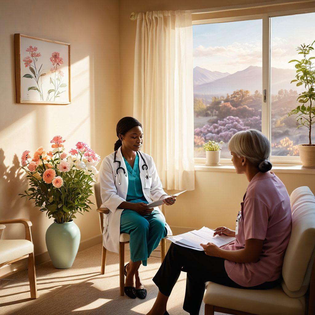 A serene and uplifting scene depicting a healthcare professional gently discussing options with a cancer patient in a cozy, sunlit clinic. Include symbolic elements like a blooming flower representing hope, medical charts illustrating treatment journeys, and soft colors evoking warmth and compassion. The background features subtle imagery of a path winding toward a bright horizon to symbolize recovery. super-realistic. soft colors. warm lighting.