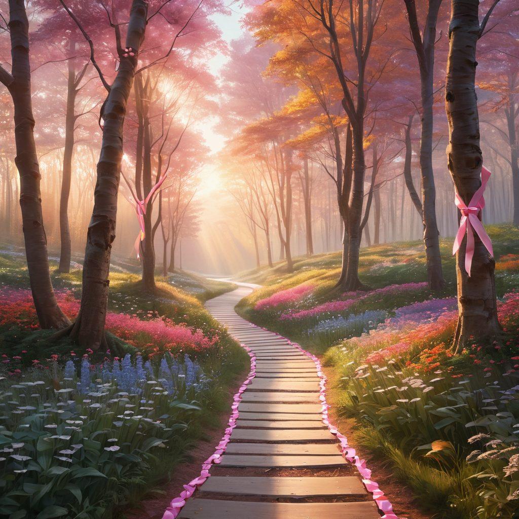 A serene pathway winding through a vibrant forest, symbolizing the journey to wellness, lined with supportive elements like ribbons representing cancer advocacy. Alongside the path, gentle light filters through the trees, illuminating tips and resources hanging like leaves. In the distance, a sunrise conveys hope and renewal. super-realistic. vibrant colors. peaceful atmosphere.